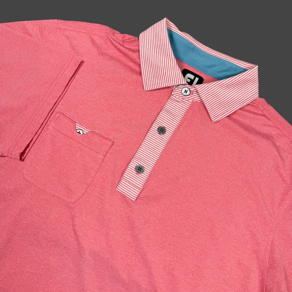 FootJoy Lisle Polo Shirt Mens Medium Pink Striped Trim Short Sleeve Golf Stretch